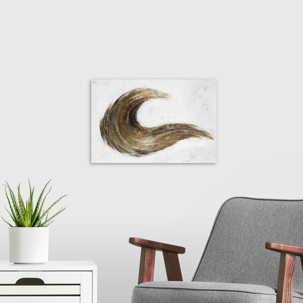 A modern room featuring Contemporary abstract painting with a curled and textured large brushstroke in the center in shad...