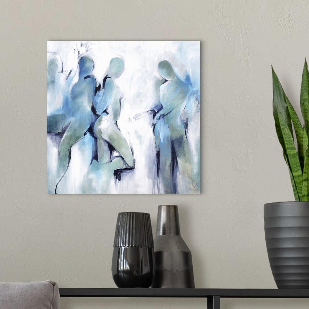 A modern room featuring An abstract painting of shapes of people in black lines and blue brush strokes.
