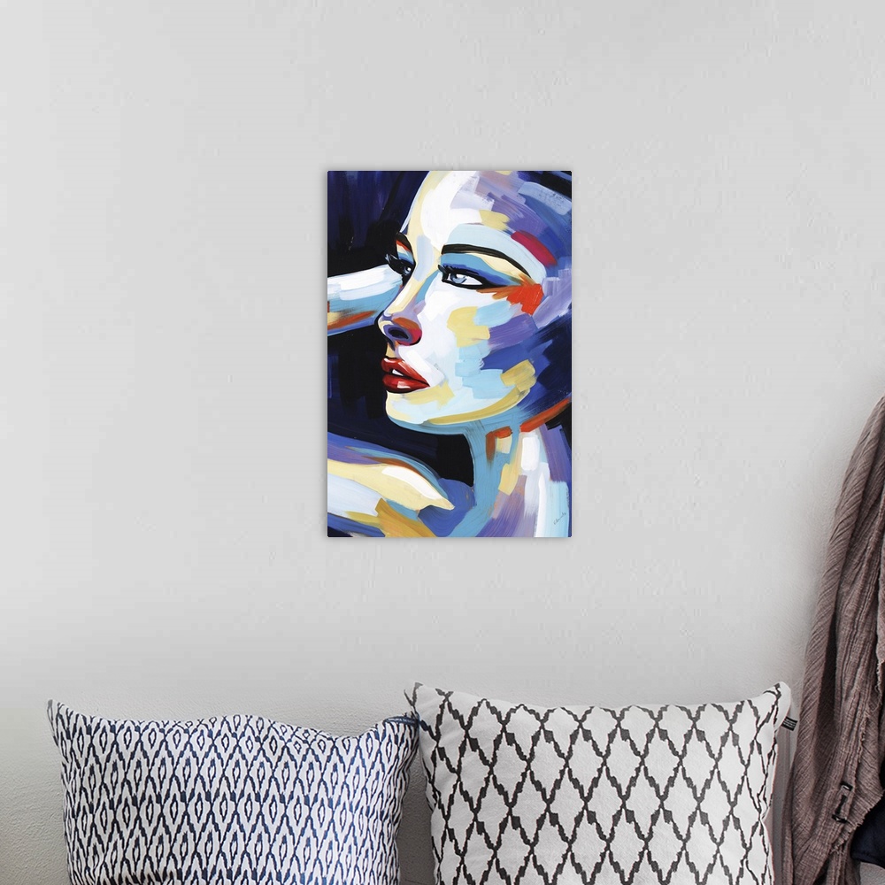 A bohemian room featuring Abstract painting of a female creating a triangular shape with her arm, created with different co...