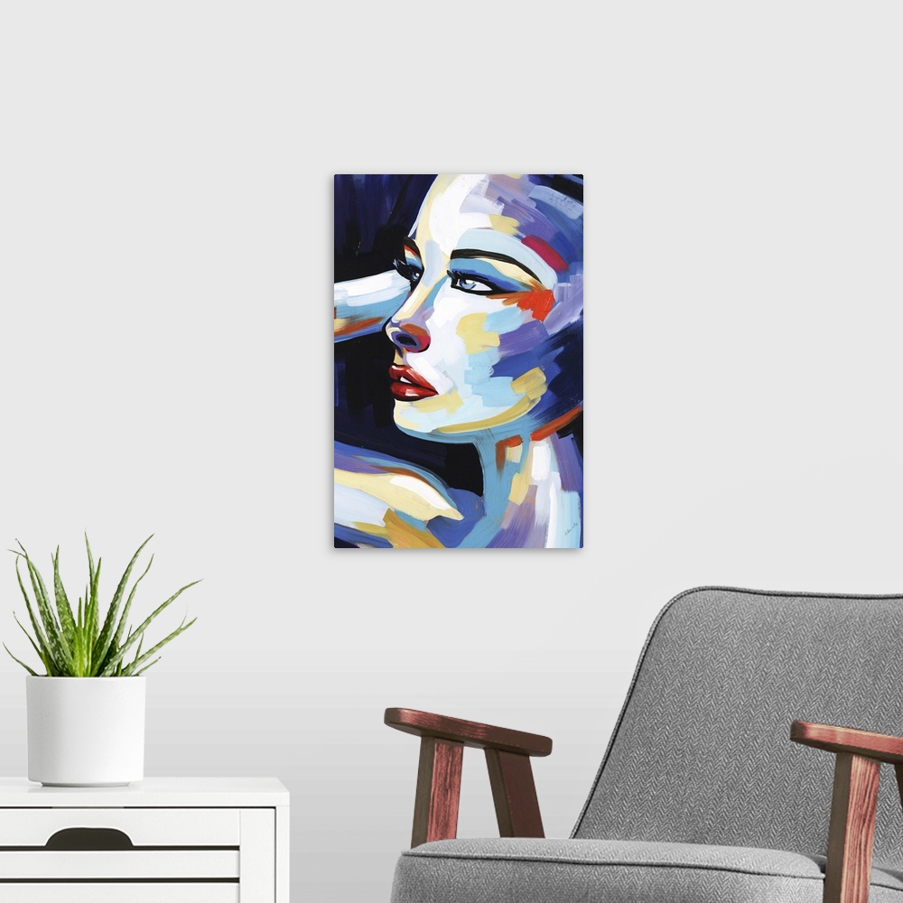 A modern room featuring Abstract painting of a female creating a triangular shape with her arm, created with different co...