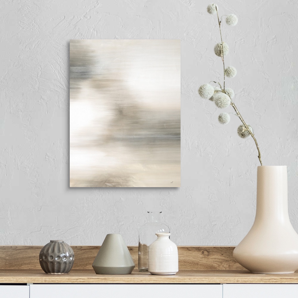 A farmhouse room featuring Soft abstract art in neutral colors.