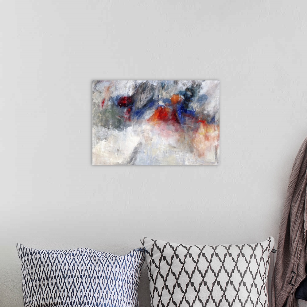 A bohemian room featuring Abstract painting of textured brush strokes in colors of red, blue and gray.