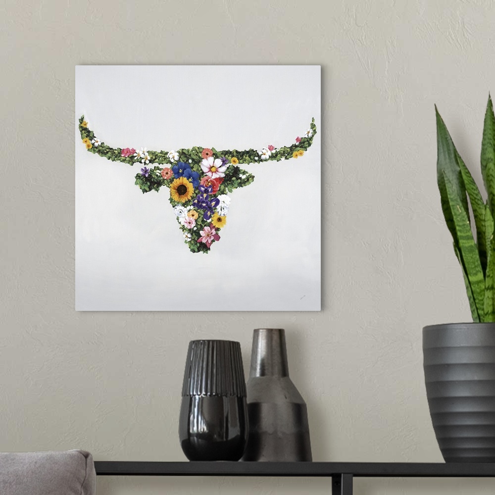 A modern room featuring Floral silhouette of a bull with horns.