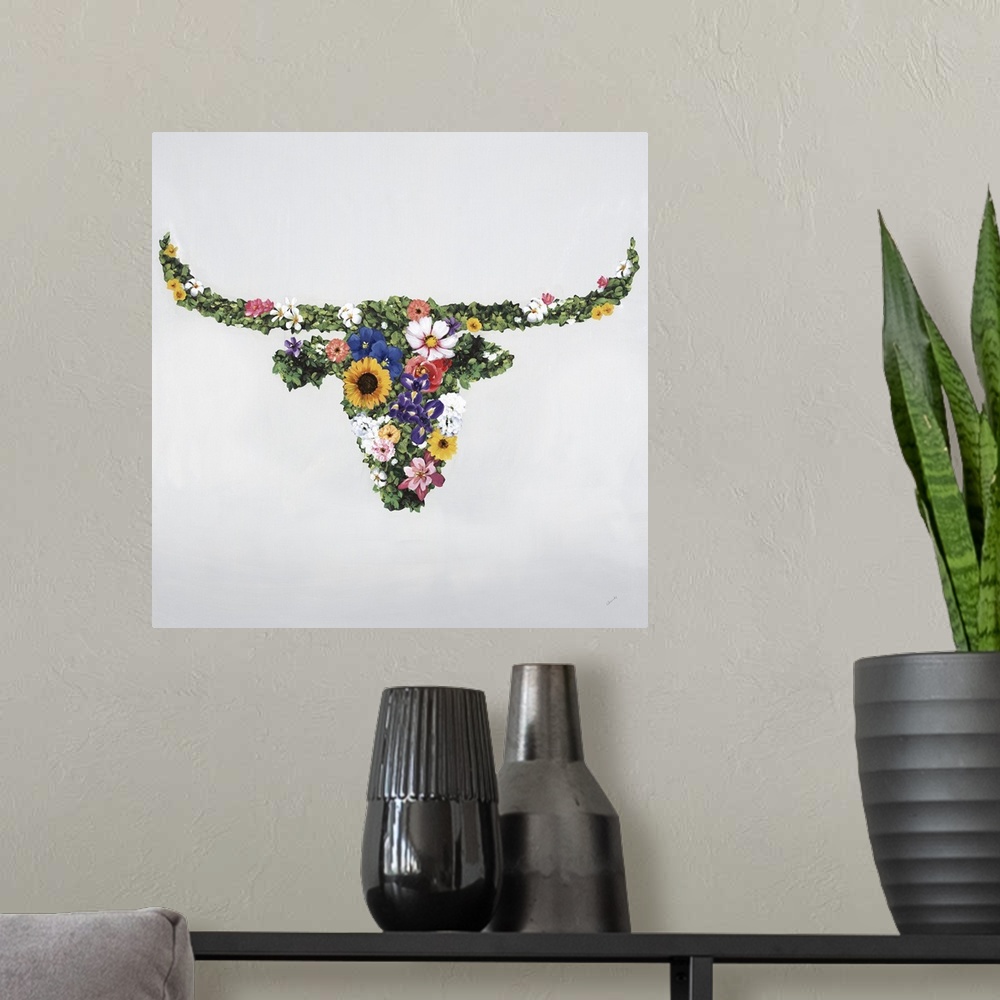 A modern room featuring Floral silhouette of a bull with horns.