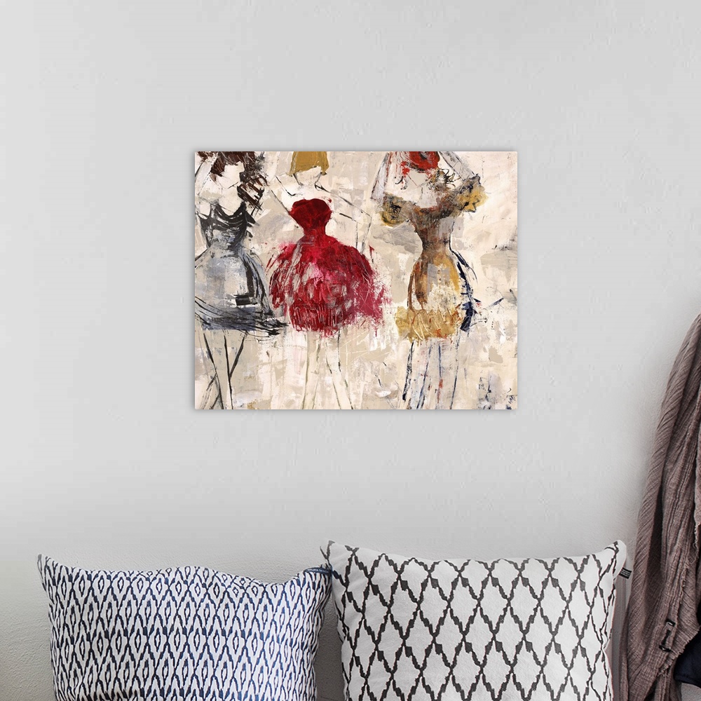 A bohemian room featuring Contemporary painting of three female figures wearing colorful dresses.