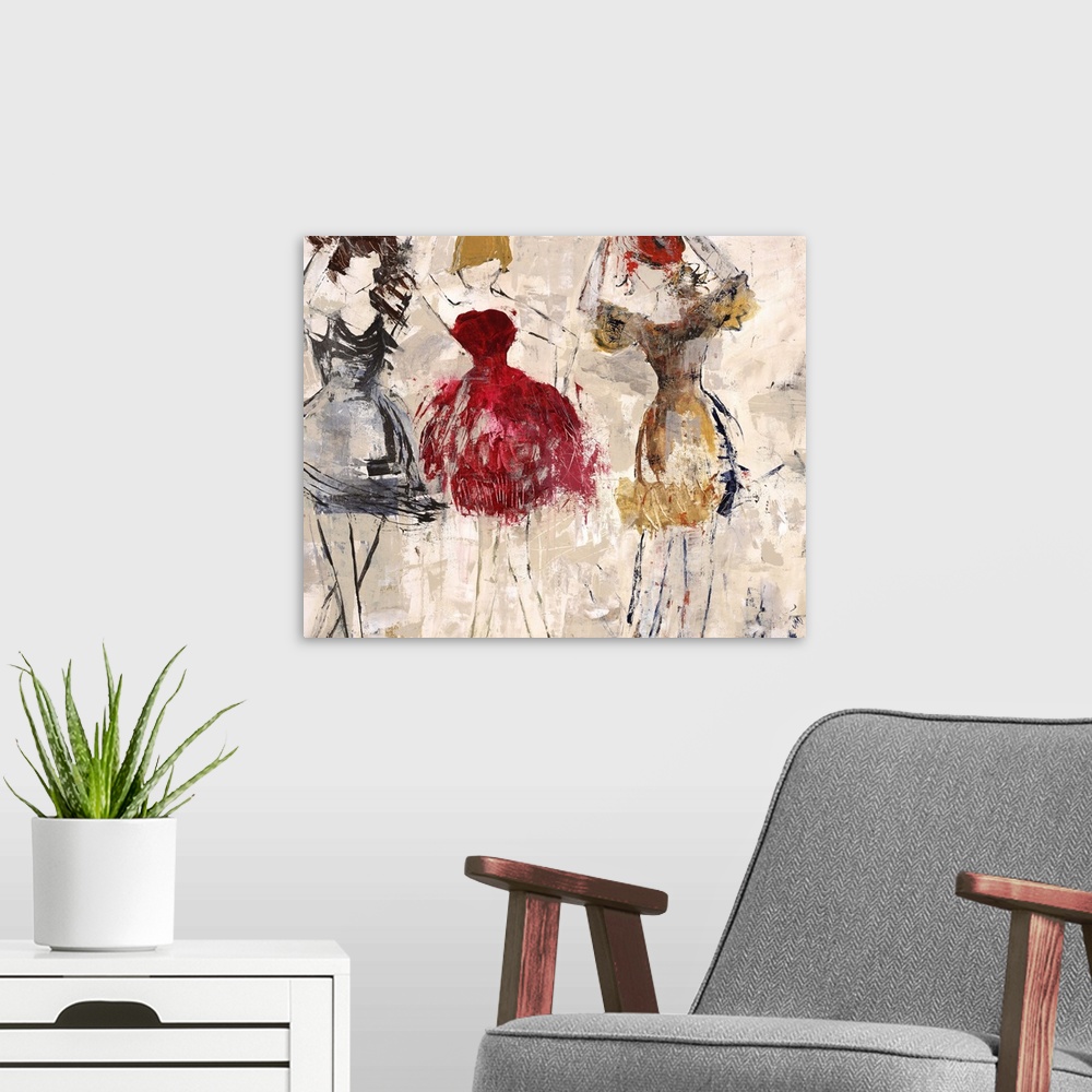 A modern room featuring Contemporary painting of three female figures wearing colorful dresses.