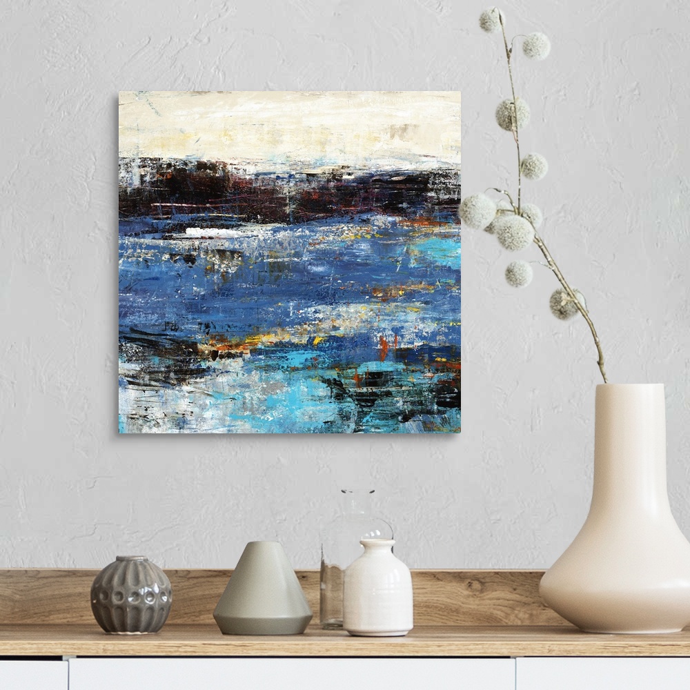 A farmhouse room featuring Square contemporary abstract painting with a lot of little, thin brushstrokes of color layering t...