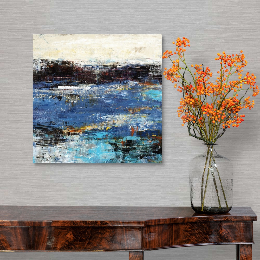 A traditional room featuring Square contemporary abstract painting with a lot of little, thin brushstrokes of color layering t...