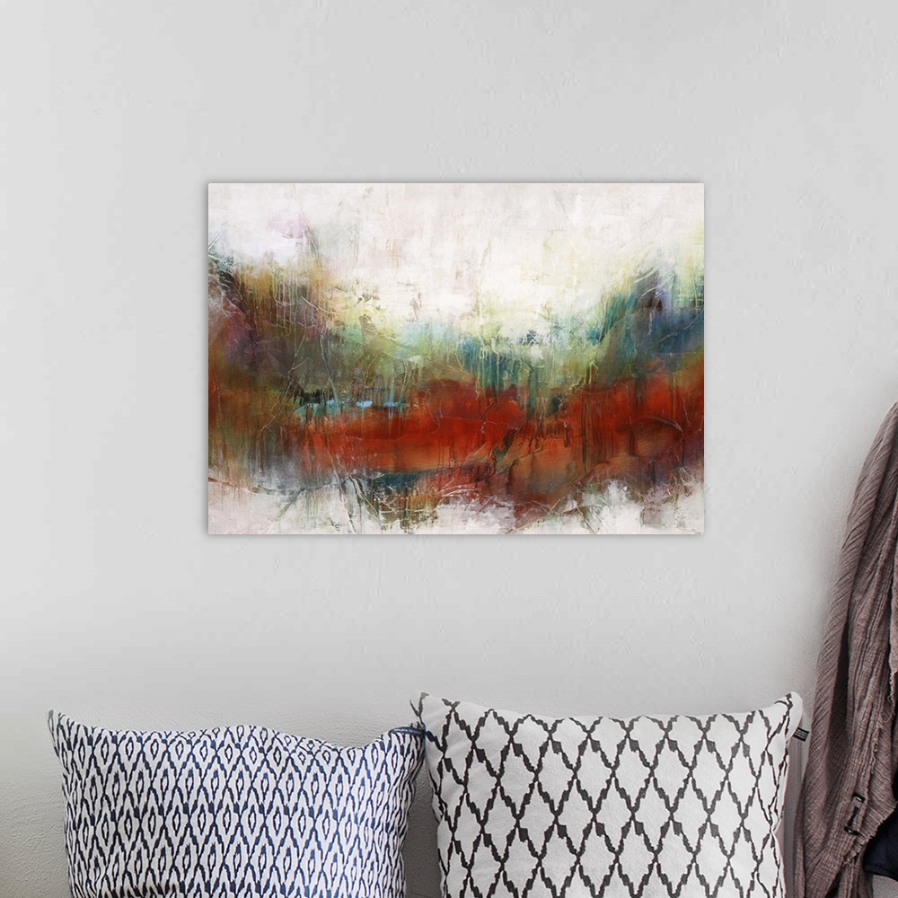 A bohemian room featuring Abstract art of a horizontal rainbow of colors that are blended and overlapping on background res...