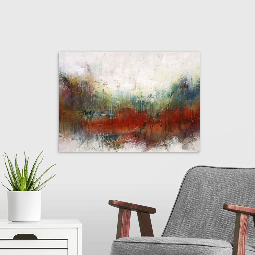 A modern room featuring Abstract art of a horizontal rainbow of colors that are blended and overlapping on background res...