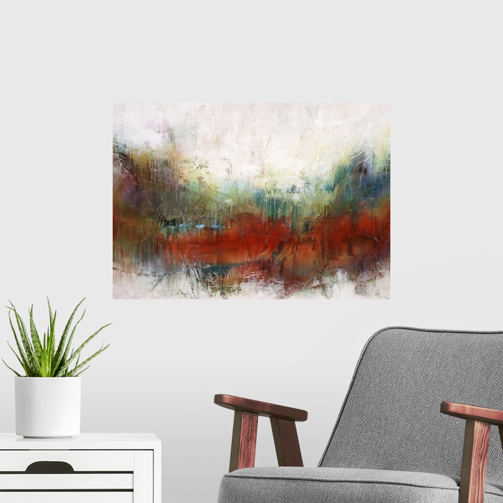 A modern room featuring Abstract art of a horizontal rainbow of colors that are blended and overlapping on background res...