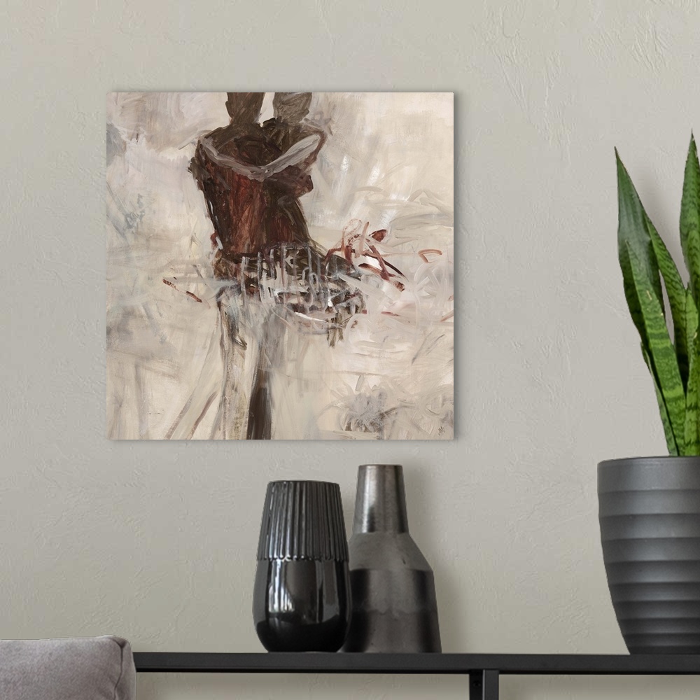 A modern room featuring Abstract painting of two human forms embracing, their lower halves become lost in multidirectiona...