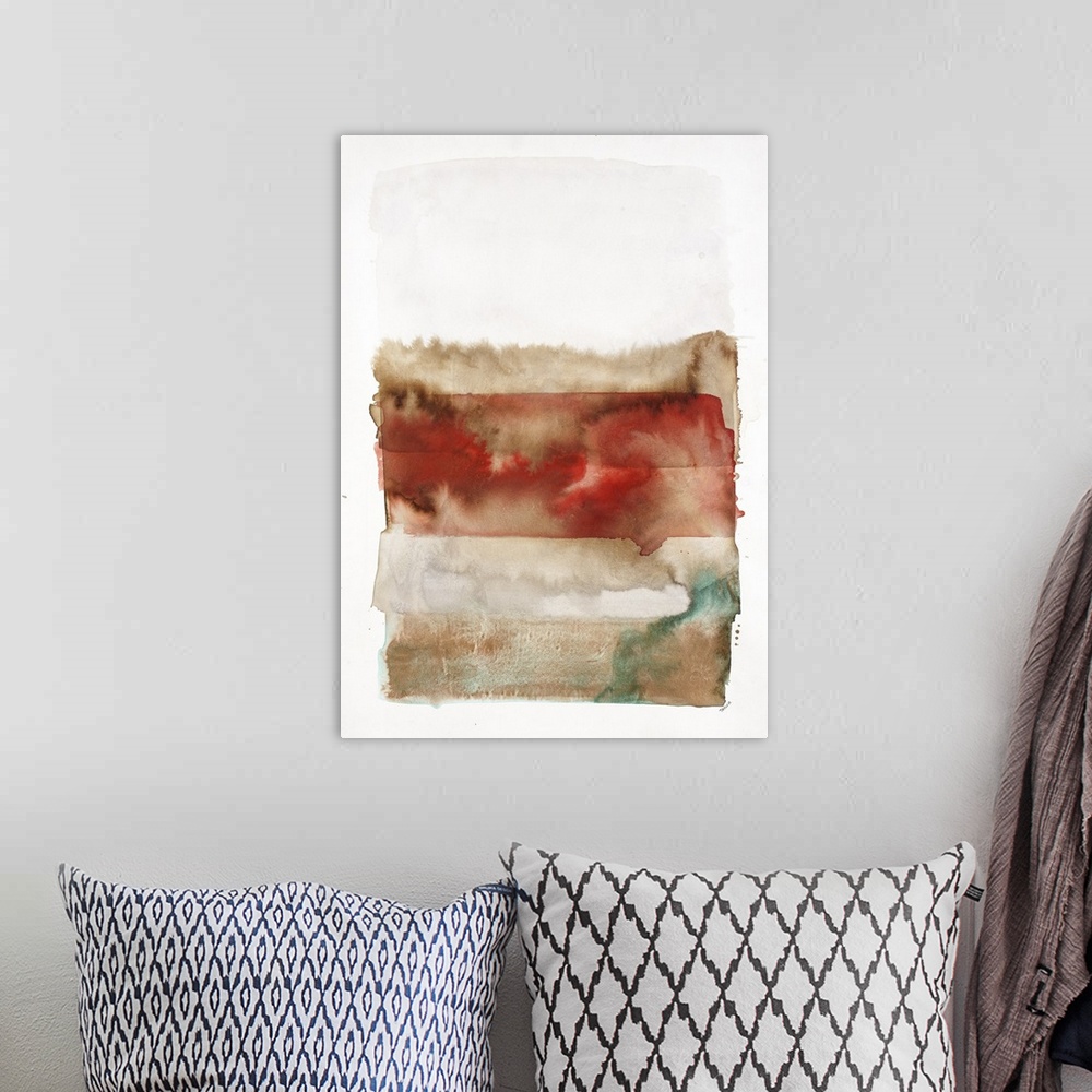 A bohemian room featuring Contemporary watercolor painting of horizontal blending brush strokes of brown and red.