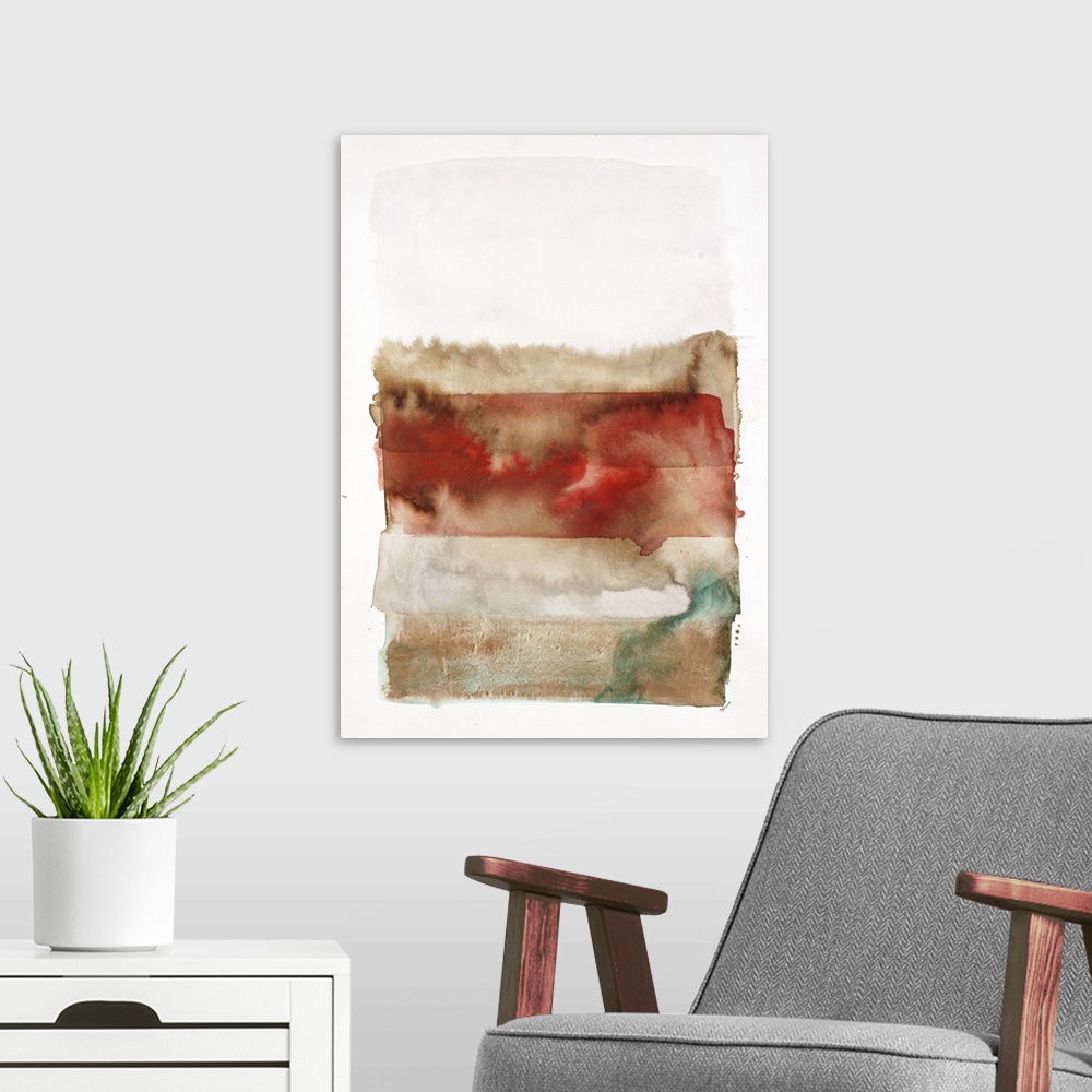 A modern room featuring Contemporary watercolor painting of horizontal blending brush strokes of brown and red.