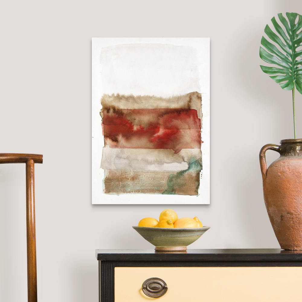 A traditional room featuring Contemporary watercolor painting of horizontal blending brush strokes of brown and red.