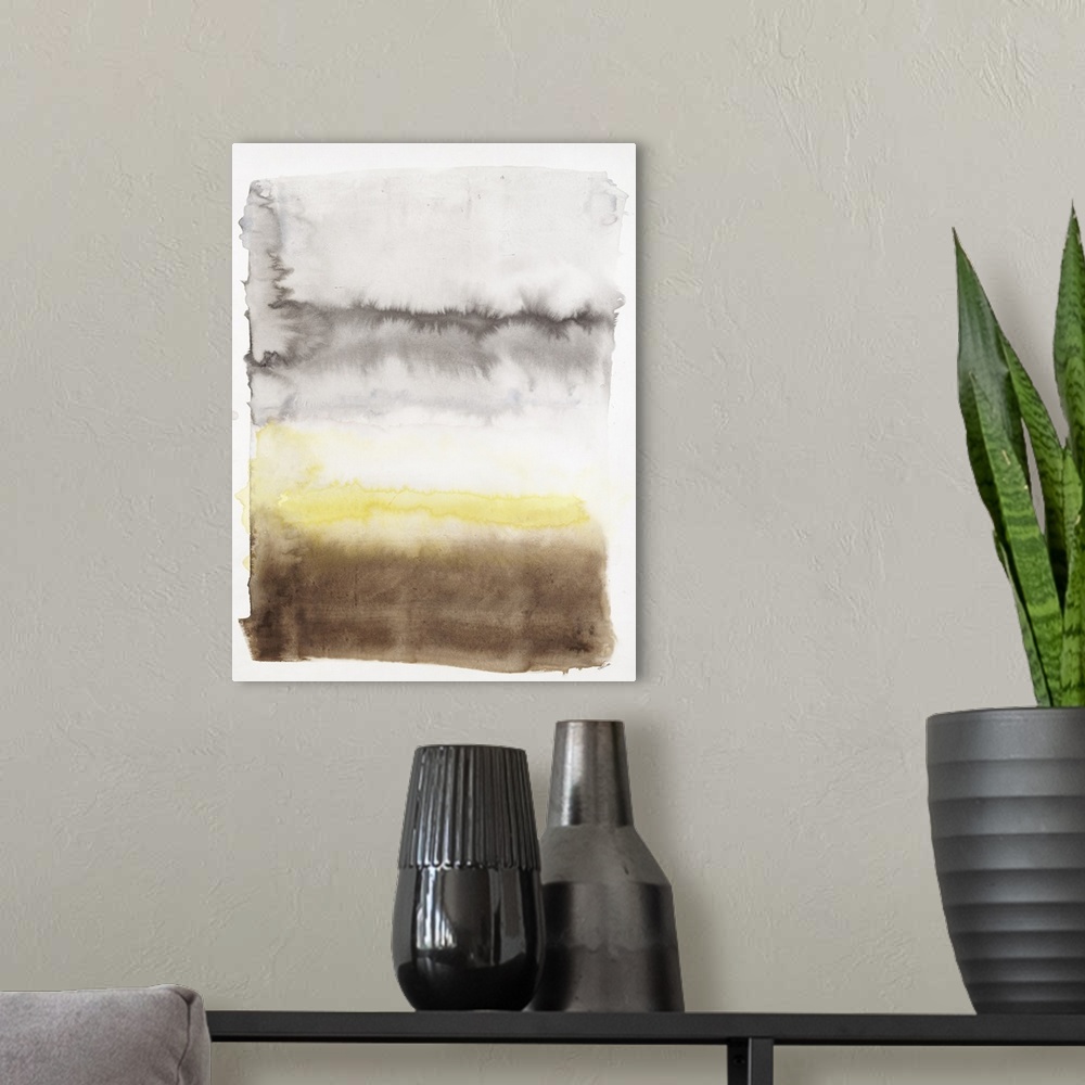 A modern room featuring Contemporary watercolor painting of horizontal blending brush strokes of brown, yellow and gray.