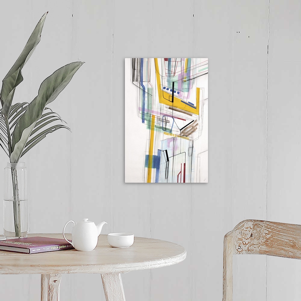A farmhouse room featuring Large vertical modern artwork of multi-colored lines interlacing.