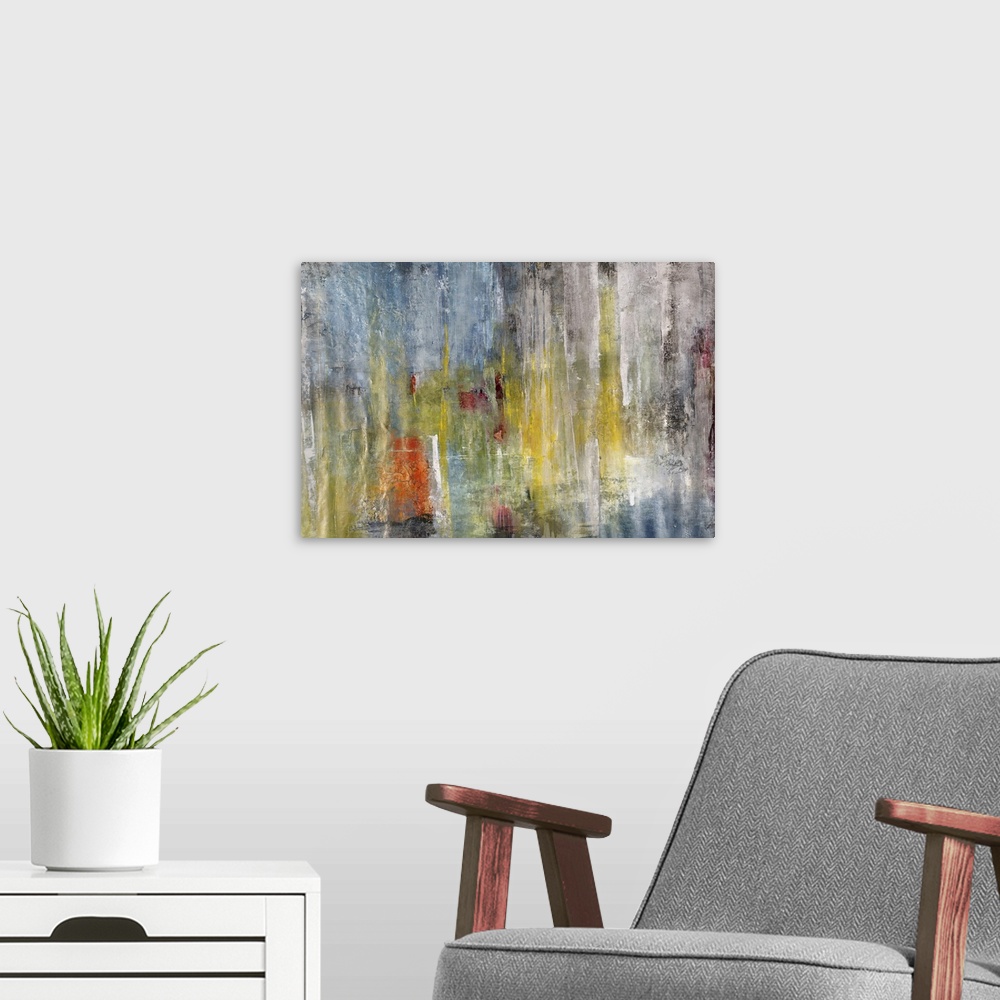 A modern room featuring Contemporary abstract painting using pale muted tones of blue, yellow and red with faint vertical...
