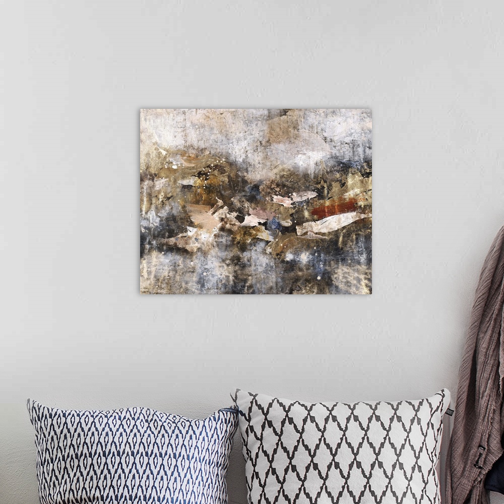 A bohemian room featuring Contemporary abstract painting using weathered and decayed textures and dark colors.