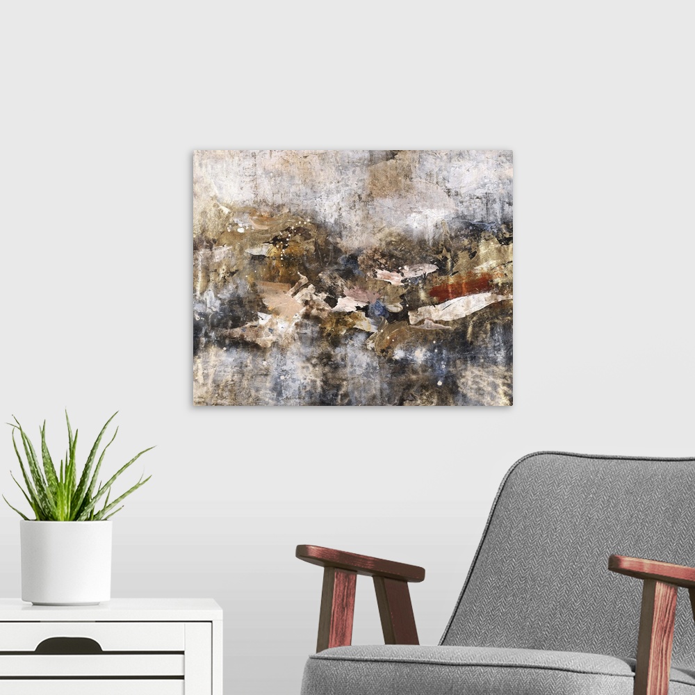 A modern room featuring Contemporary abstract painting using weathered and decayed textures and dark colors.