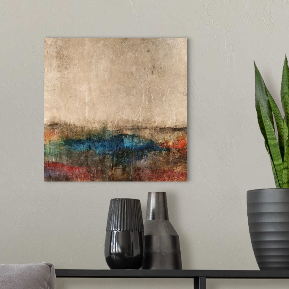 A modern room featuring Abstract painting of natural looking colors coming together to form what looks like a landscape.