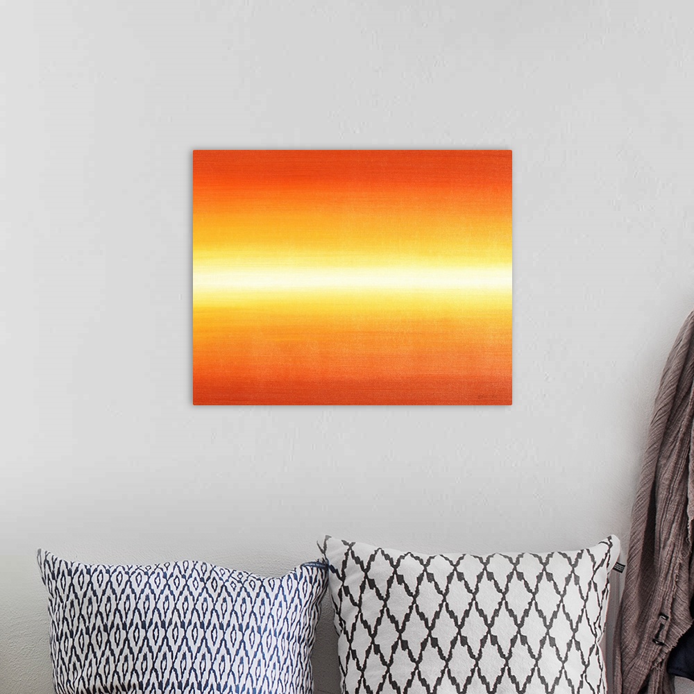 A bohemian room featuring Abstract painting with a horizontal orange and yellow gradient.
