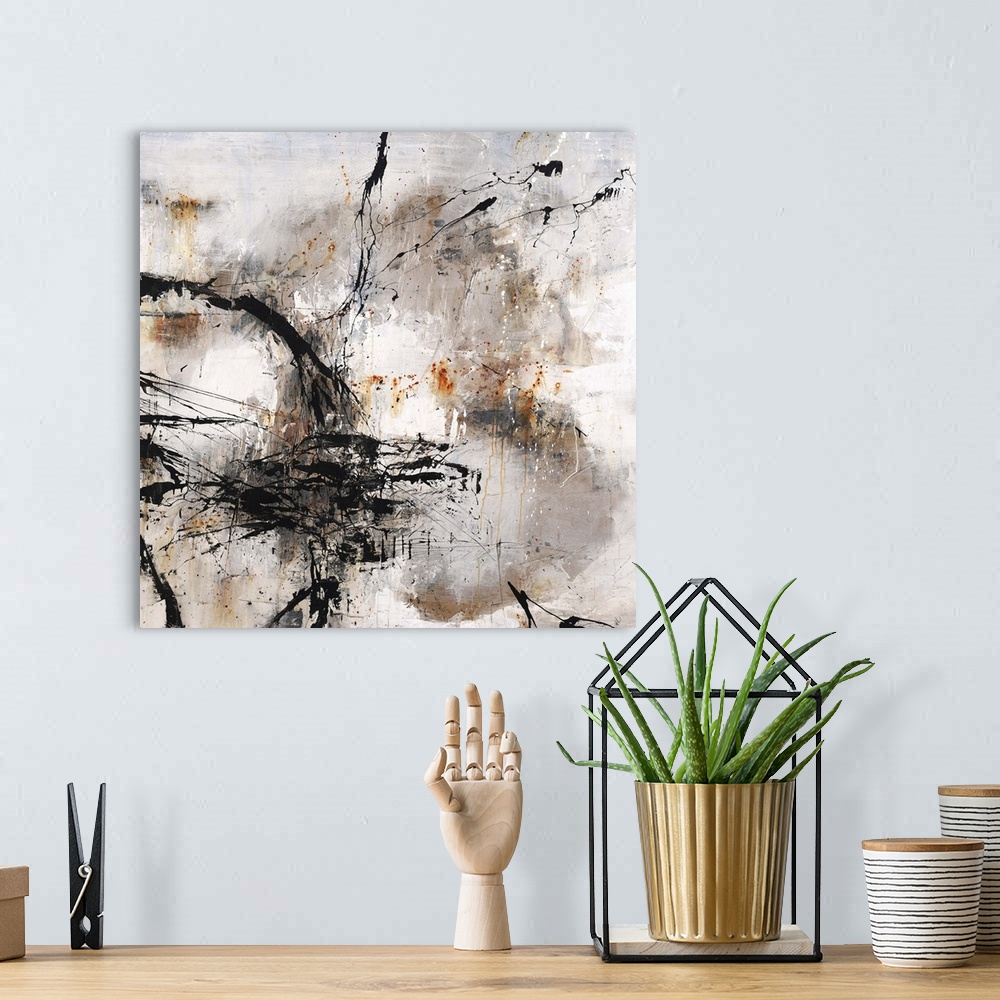A bohemian room featuring Contemporary abstract painting using dark earthy tones.