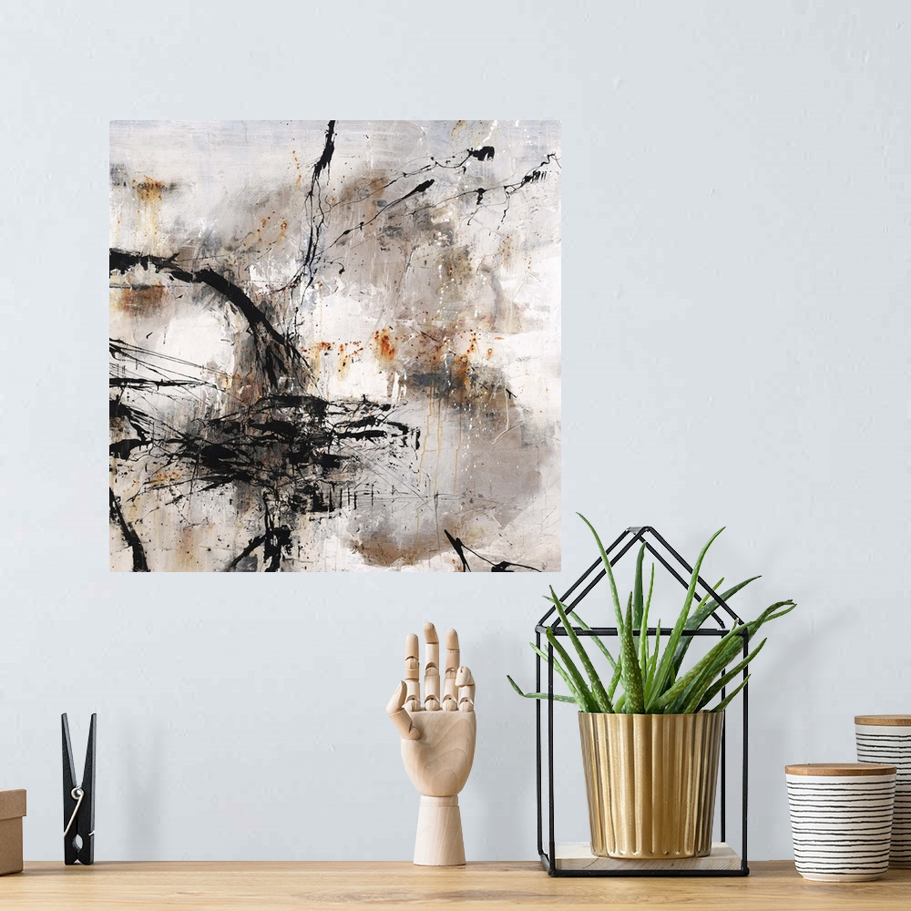 A bohemian room featuring Contemporary abstract painting using dark earthy tones.