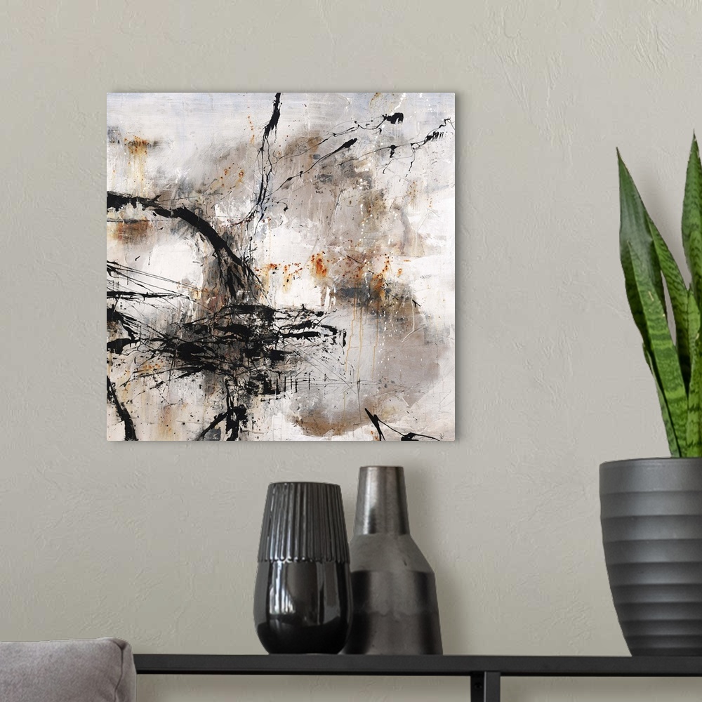 A modern room featuring Contemporary abstract painting using dark earthy tones.