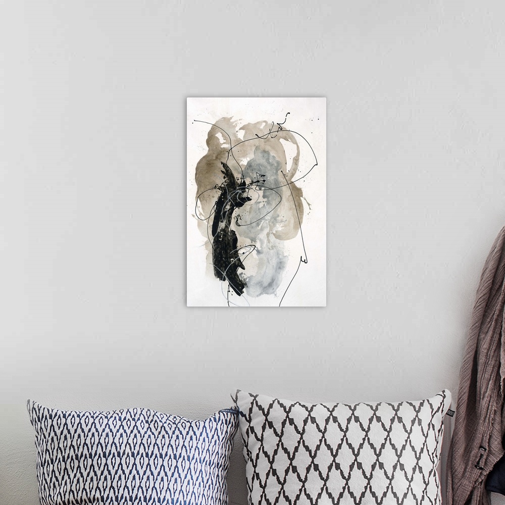 A bohemian room featuring Contemporary painting of a swirling organic form in neutral shades.