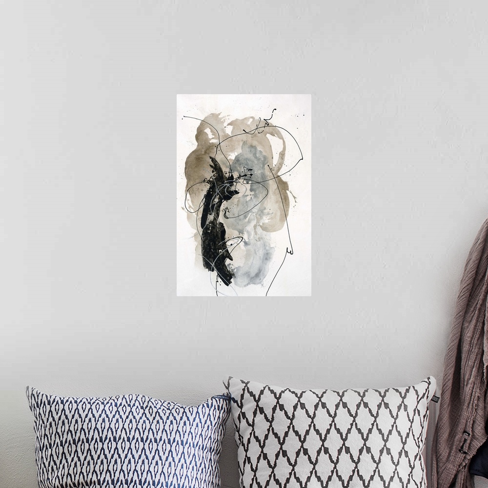 A bohemian room featuring Contemporary painting of a swirling organic form in neutral shades.