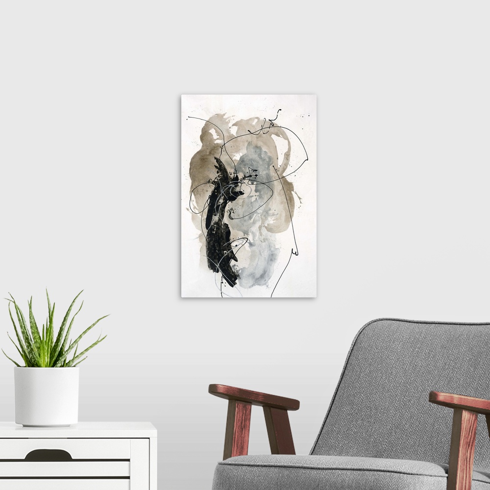 A modern room featuring Contemporary painting of a swirling organic form in neutral shades.