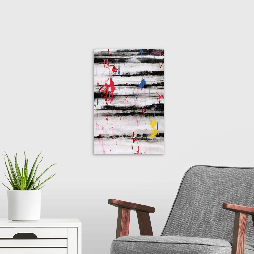 A modern room featuring Contemporary abstract painting using dark bold horizontal lines against a neutral background with...