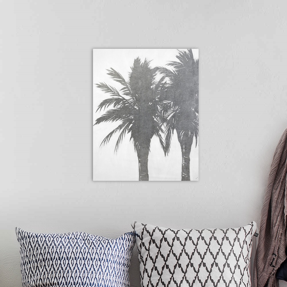 A bohemian room featuring Vertical painting of palms trees in sliver.