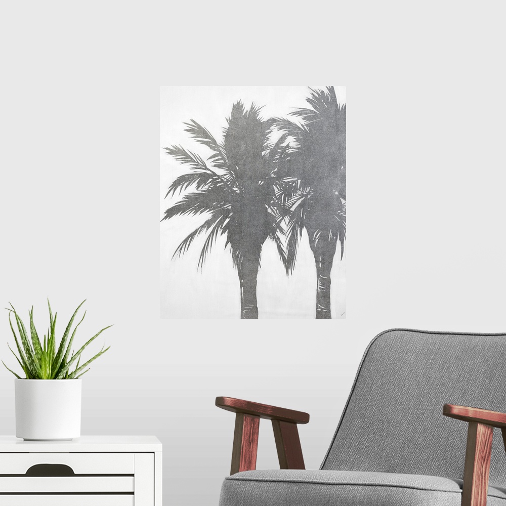 A modern room featuring Vertical painting of palms trees in sliver.