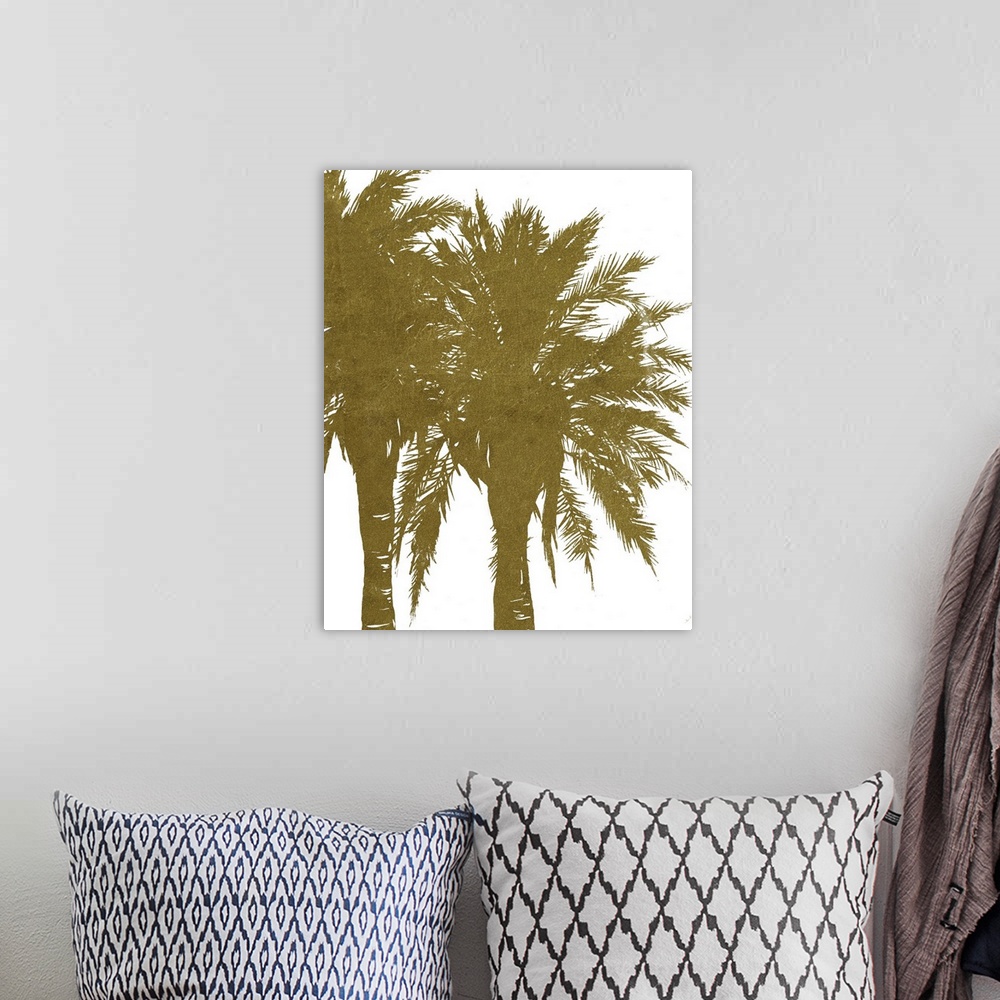 A bohemian room featuring Vertical painting of palms trees in gold.