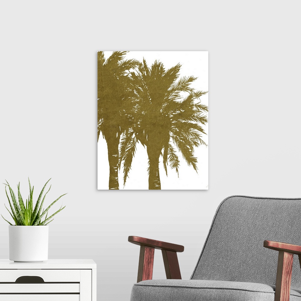 A modern room featuring Vertical painting of palms trees in gold.