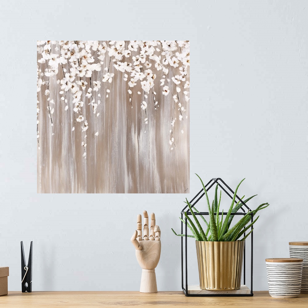 A bohemian room featuring Contemporary abstract painting resembling white flowers falling down through golden lines.