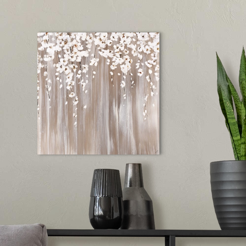 A modern room featuring Contemporary abstract painting resembling white flowers falling down through golden lines.