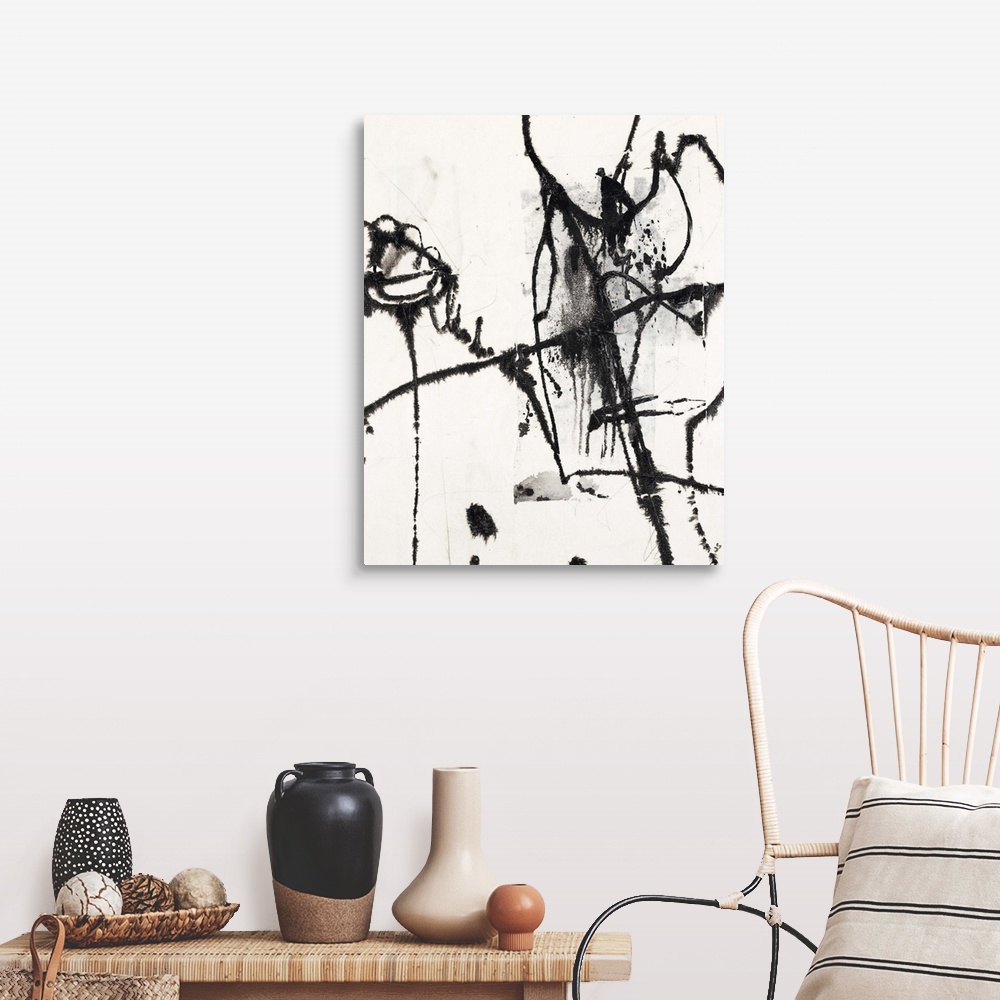 A farmhouse room featuring Contemporary abstract painting of black painted lines against a white background.