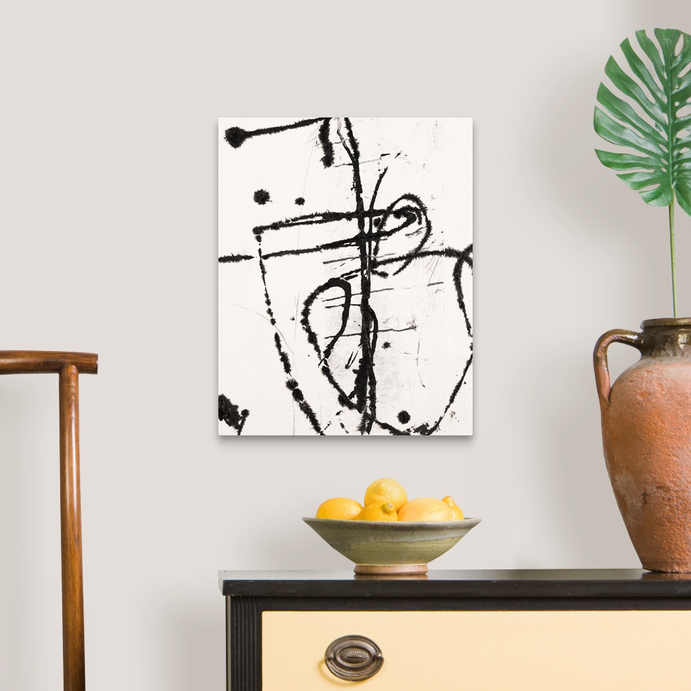 A traditional room featuring Contemporary abstract painting of black painted lines against a white background.