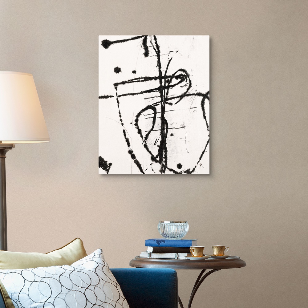 A traditional room featuring Contemporary abstract painting of black painted lines against a white background.