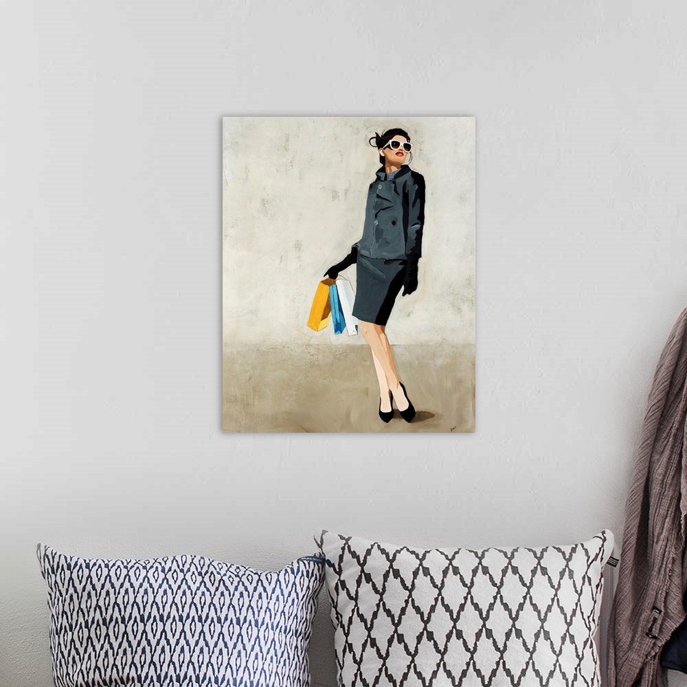 A bohemian room featuring Contemporary painting of a fashionable woman in a grey skirt and jacket, looking upward through l...