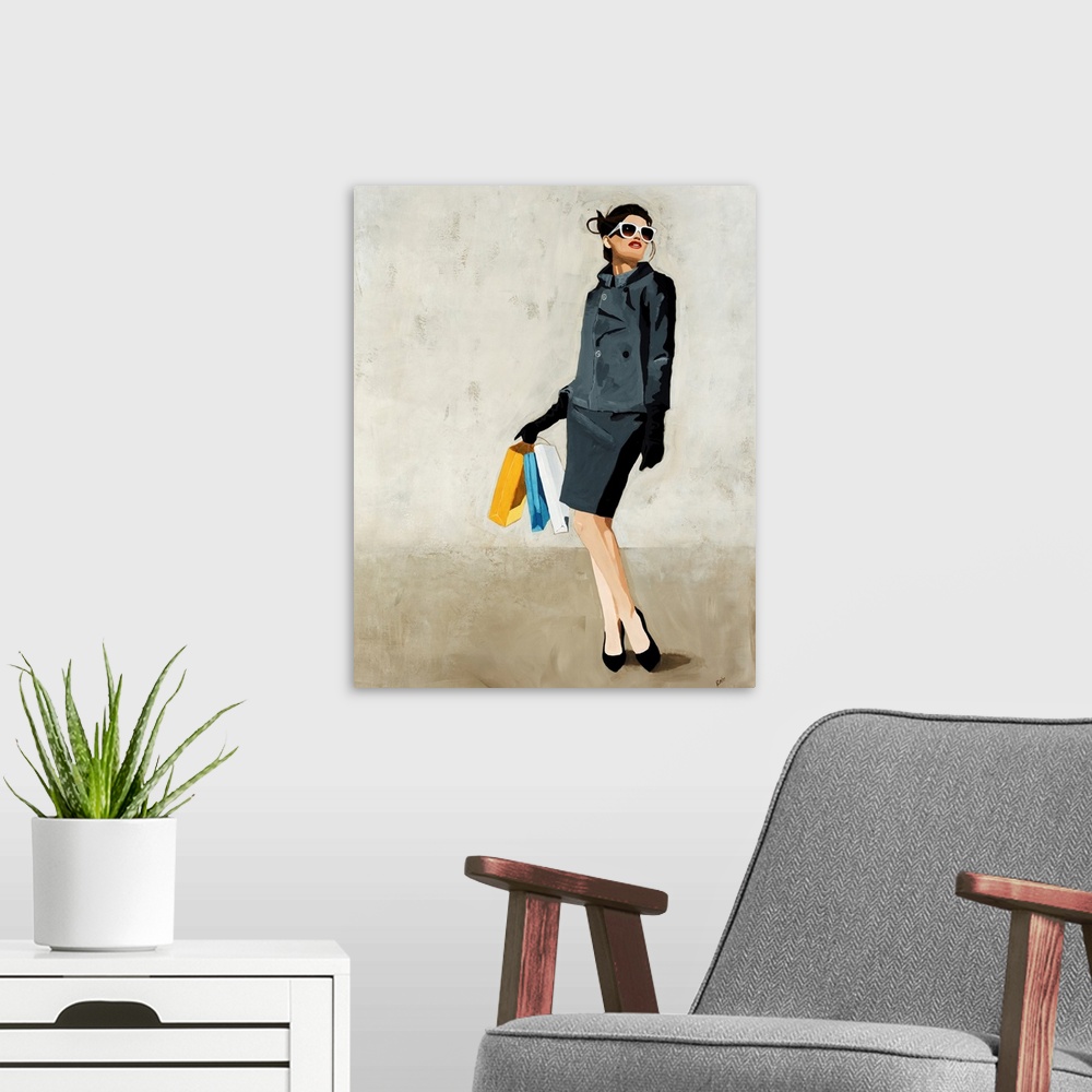 A modern room featuring Contemporary painting of a fashionable woman in a grey skirt and jacket, looking upward through l...