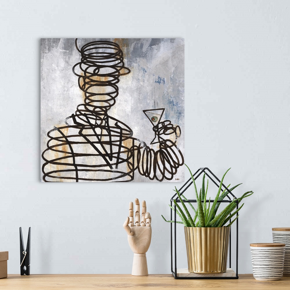 A bohemian room featuring Contemporary painting of a male figure comprised of metal springs, holding a martini.