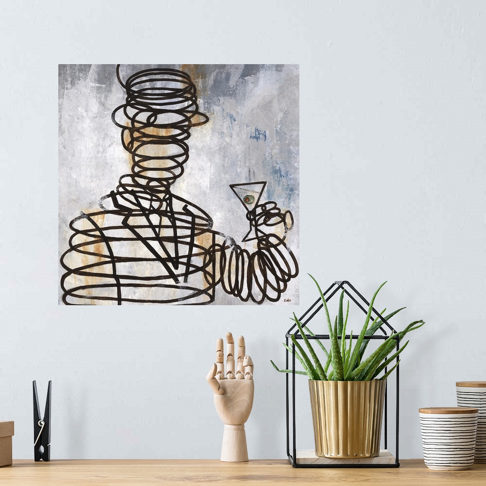 A bohemian room featuring Contemporary painting of a male figure comprised of metal springs, holding a martini.