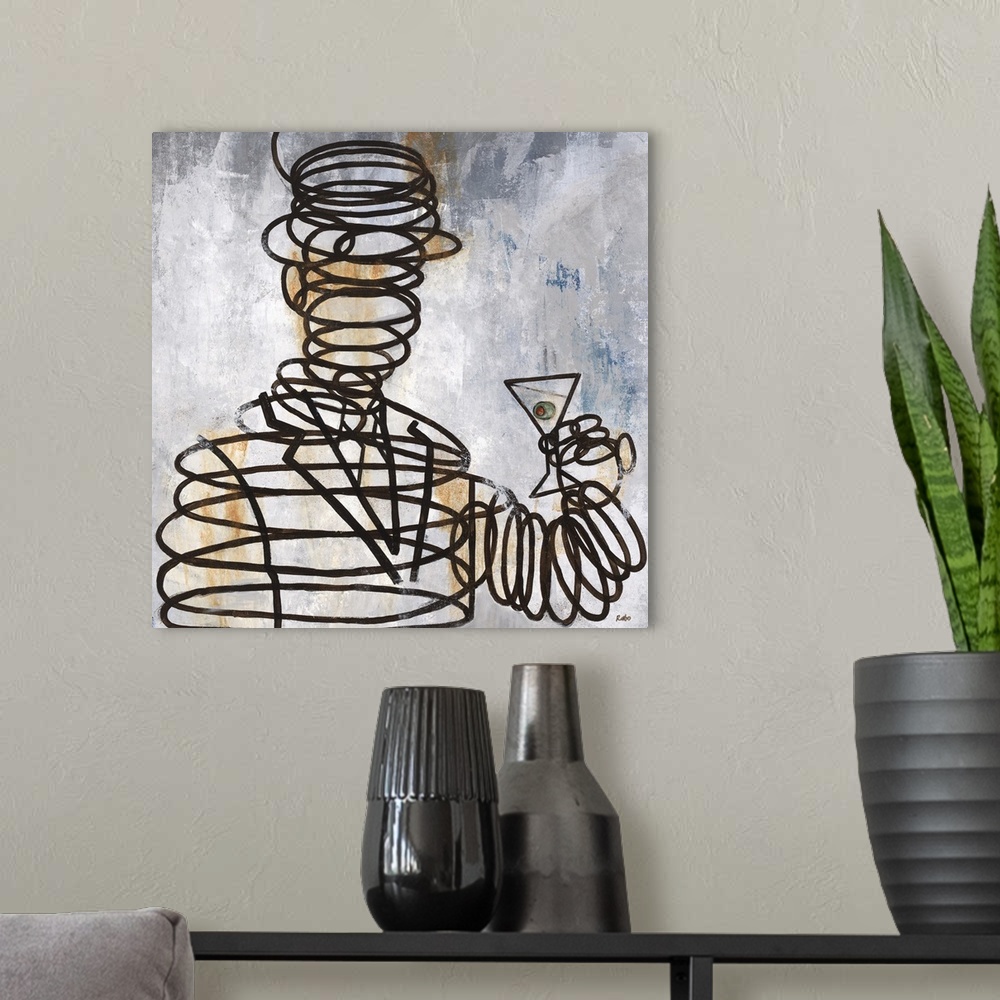 A modern room featuring Contemporary painting of a male figure comprised of metal springs, holding a martini.