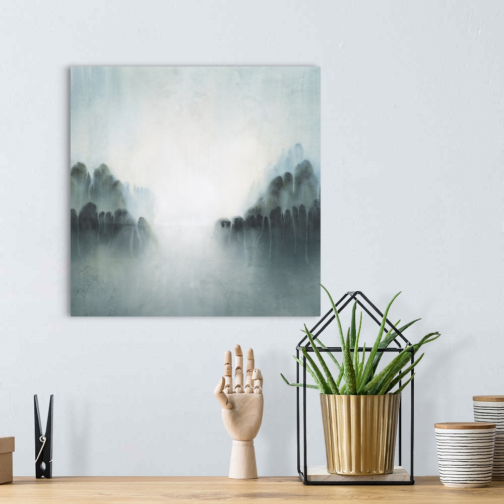 A bohemian room featuring An abstract landscape of a misty spring morning along a lake lined by trees.