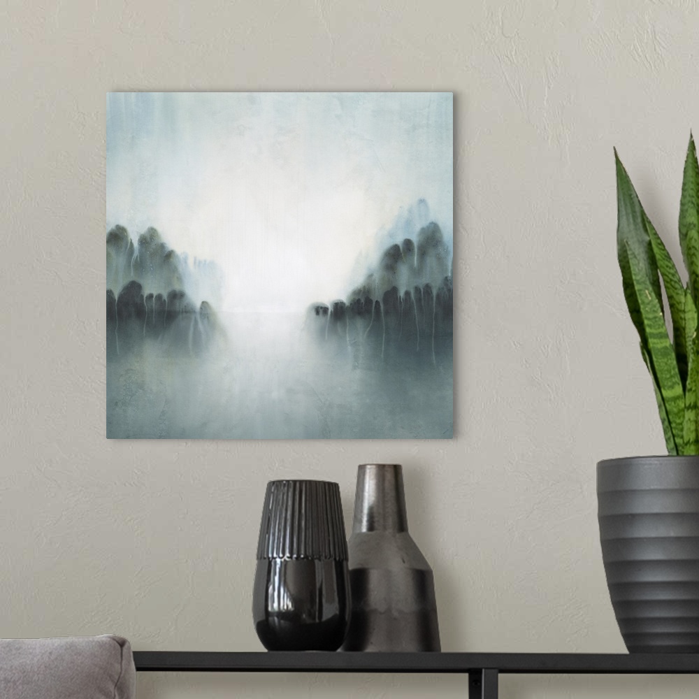 A modern room featuring An abstract landscape of a misty spring morning along a lake lined by trees.