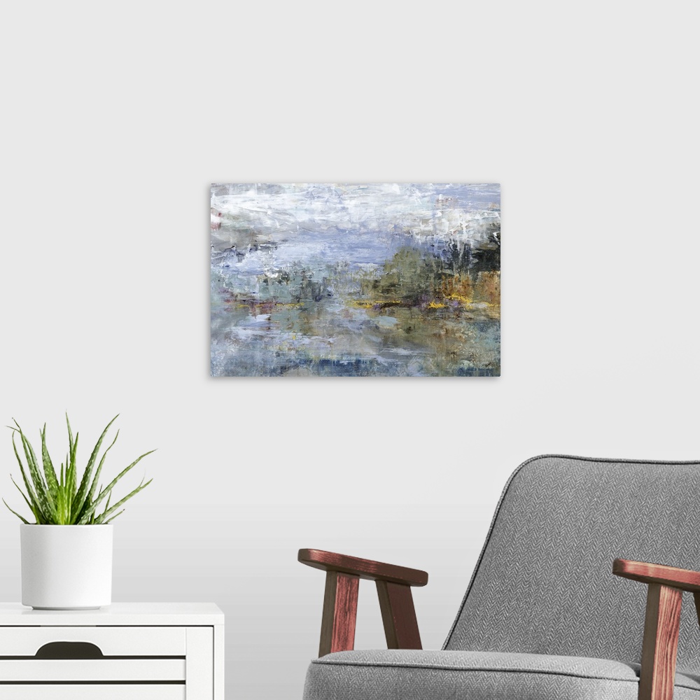 A modern room featuring An abstract landscape of a spring day.